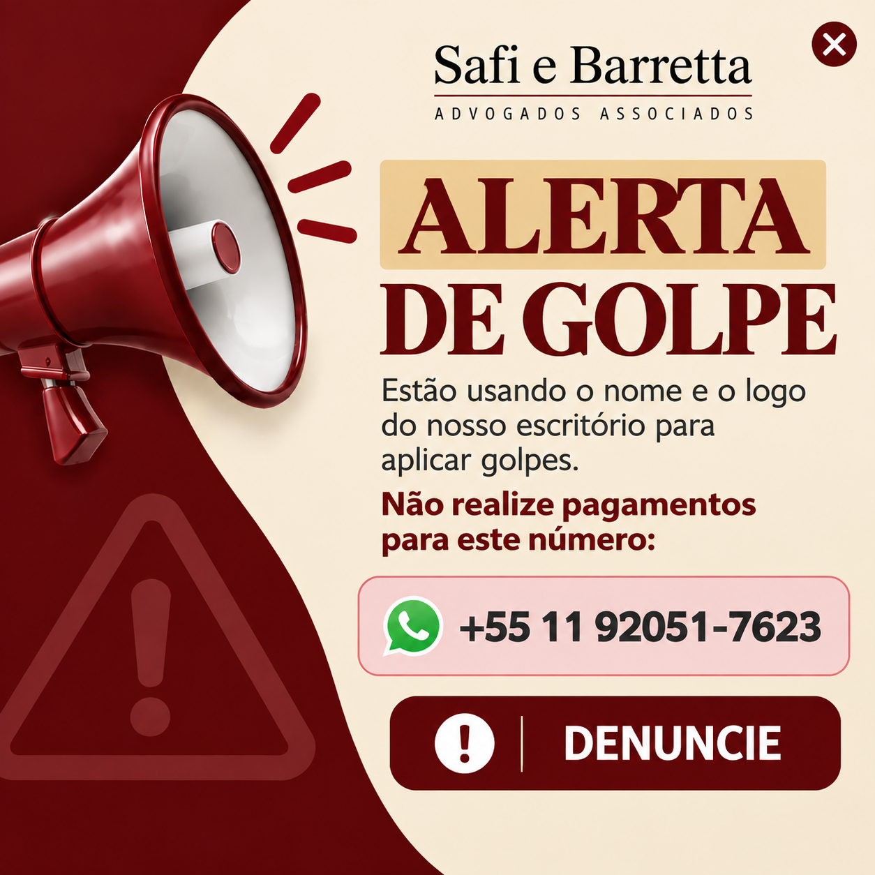 Alerta de golpe - SAFI e Barretta Advogados Associados
